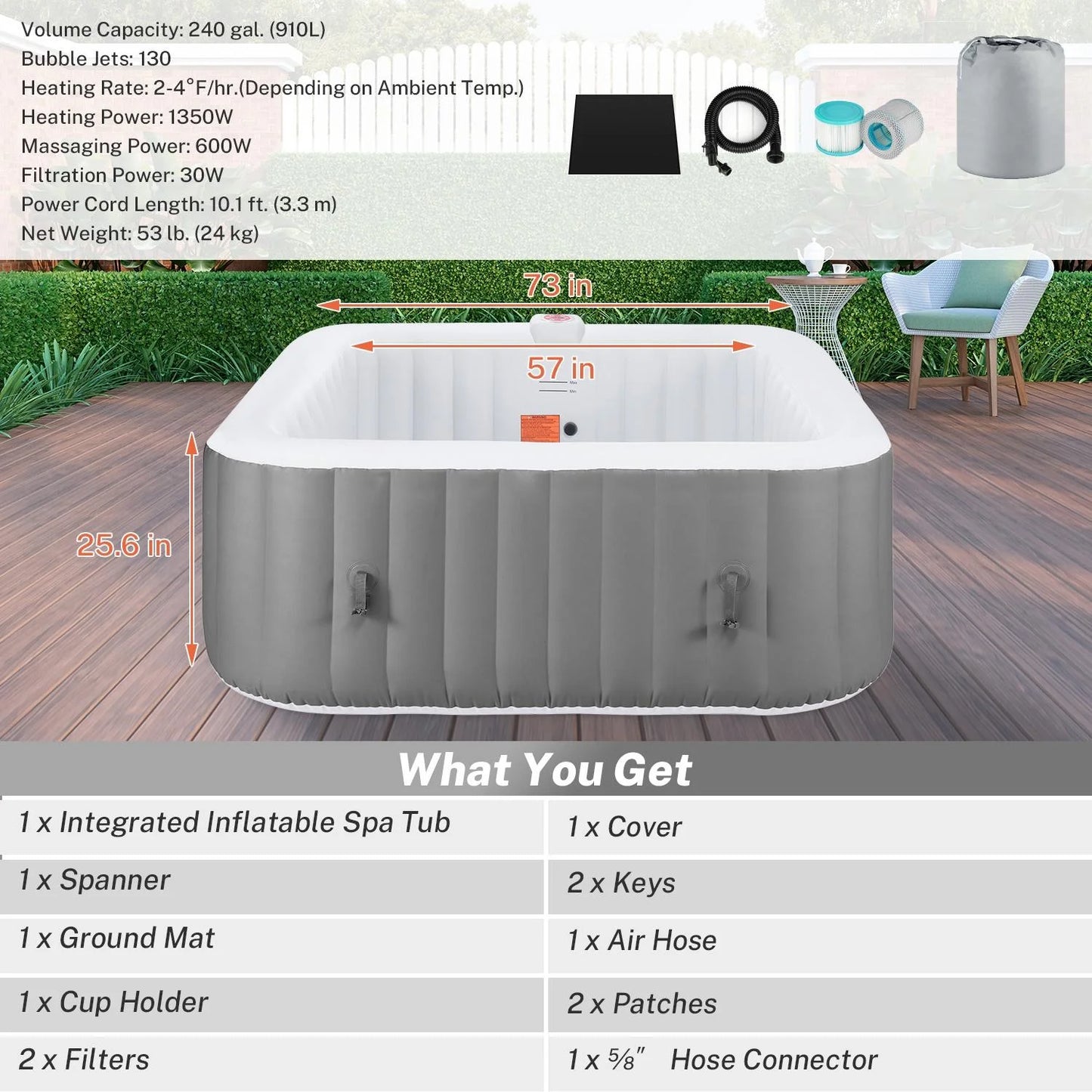 73''Inflatable Hot Tub, Outdoor Hot Tub for 6 Person Indoor Home Spa with Hidden Machine, 130 Massage Jets, Lockable Cover, Storage Bag, Mat, Max 104℉, 910L Capacity