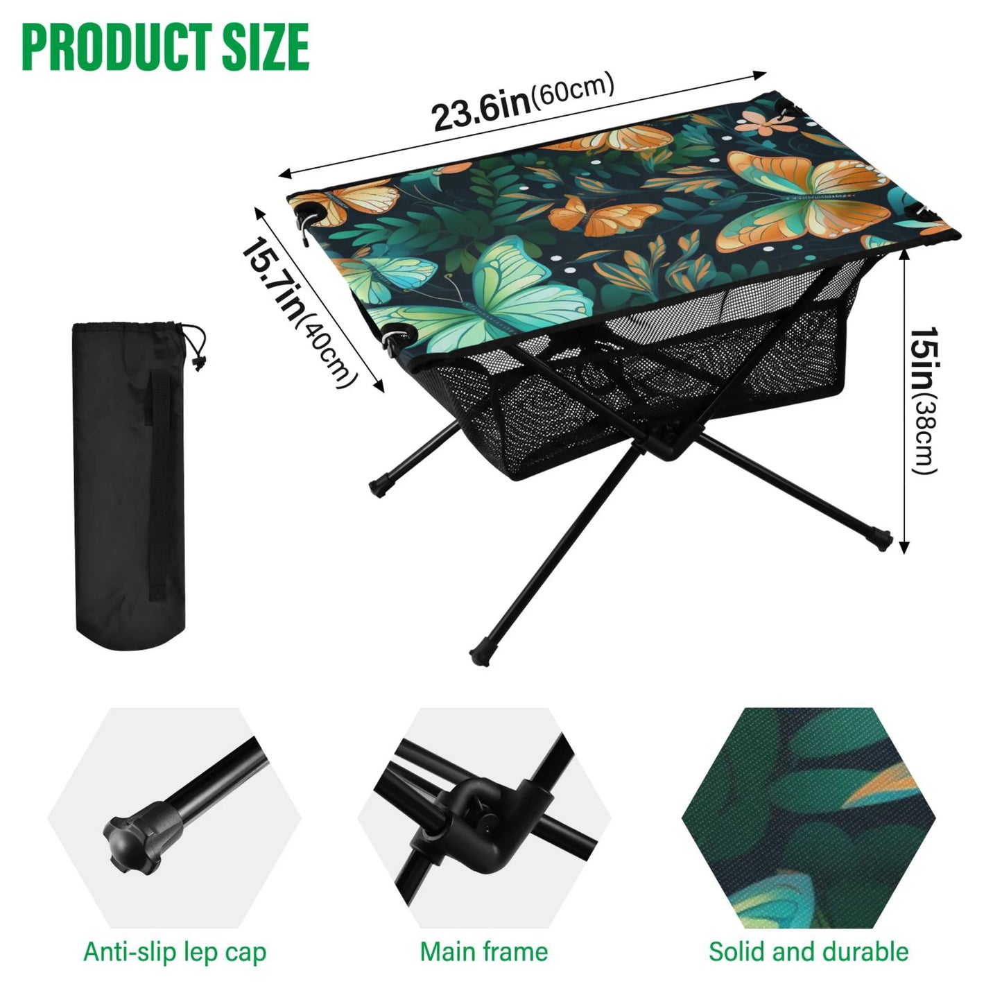 Butterfly Floral Leave Camping Folding Table Portable Beach Table with Storage Bag Compact Picnic Table for Outdoor Travel Fishing BBQ