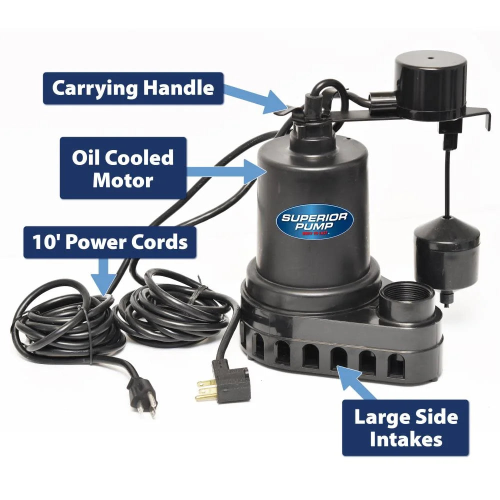 Superior Pump 92572 1/2 HP Thermoplastic Submersible Water Sump Pump with Vertical Float Switch, Black