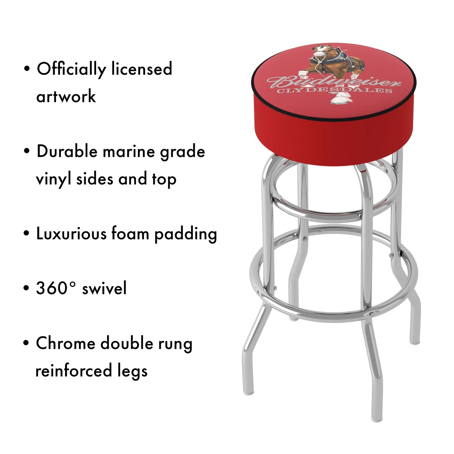 Trademark Gameroom Budweiser Clydesdale Red Bar Stool with Padded Cushion