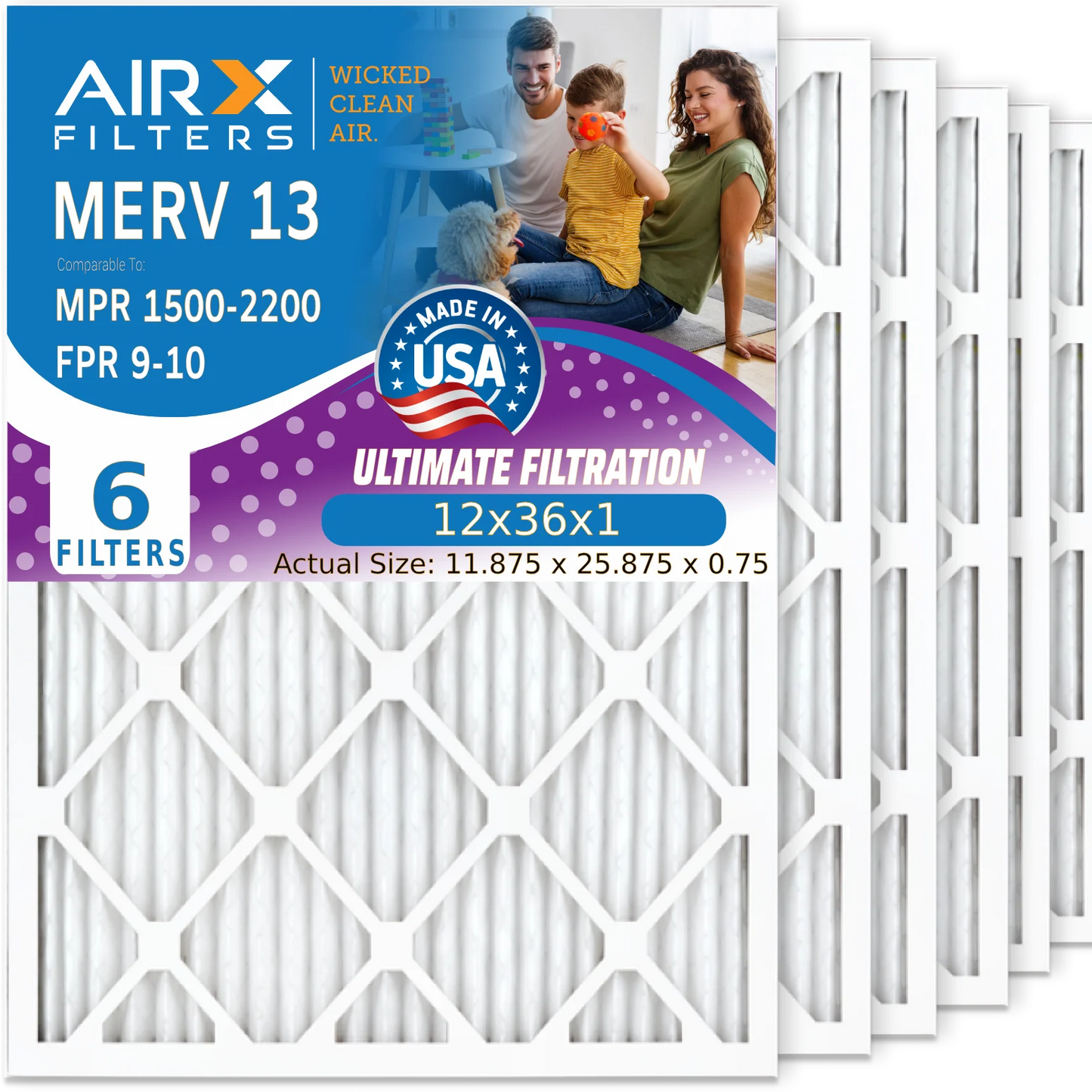 12x36x1 Air Filter MERV 13 Comparable to MPR 1500 - 2200 & FPR 9 Electrostatic Pleated Air Conditioner Filter 6 Pack HVAC AC Premium USA Made 12x36x1 Furnace Filters by AIRX FILTERS WICKED CLEAN AIR.