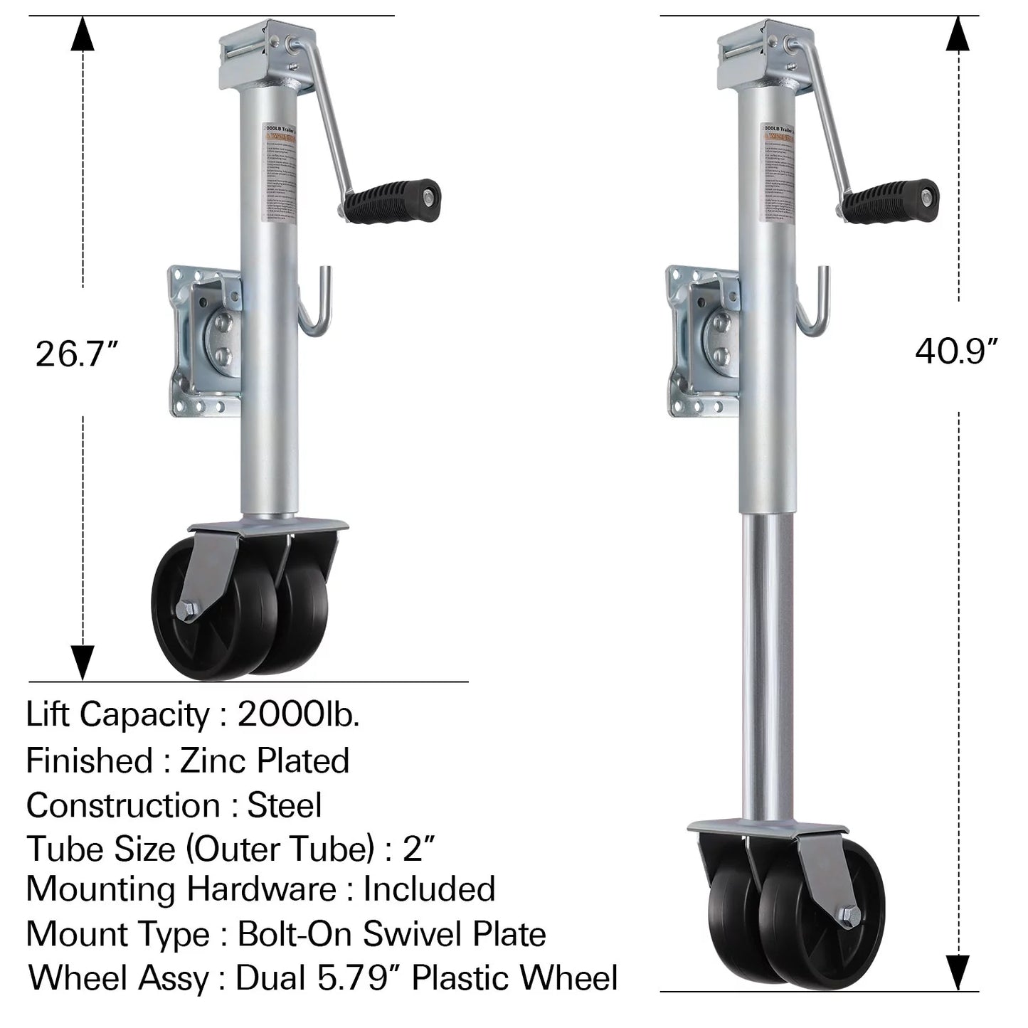 Weize Trailer Jack, Heavy Duty Swivel Boat Trailer Jack with Dual Tires, 2000 lbs, 14" Lift