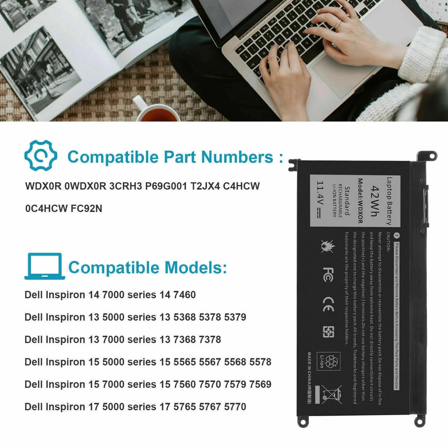 42Wh Battery For DELL Inspiron 15 5567 5568 13 5368 7368 7569 WDX0R WDXOR FC92N