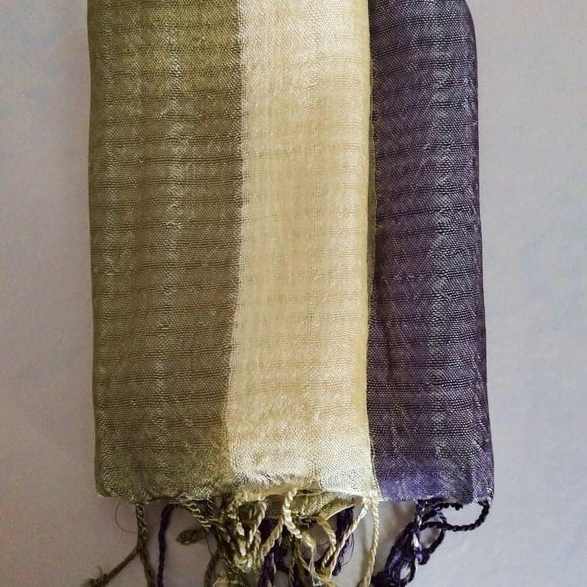 Triple Band Vegan Silk Shawl - Purple/Green