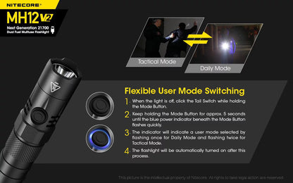 Combo: Nitecore MH12 V2 CREE XP-L2 V6 LED Flashlight -1200 Lumens -21700 Battery (Included) w/LR10 USB Rechargeable Pocket Utility Light +Eco-Sensa USB Cable