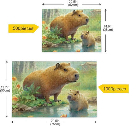 1000 PCS Capybara Family Jigsaw Puzzle, Paper Wood Composite Material Zigsaw with Storage Bag, Puzzle for Adults, Fun Challenging Brain Exercise Family Game Gift for Kids Friends Parents