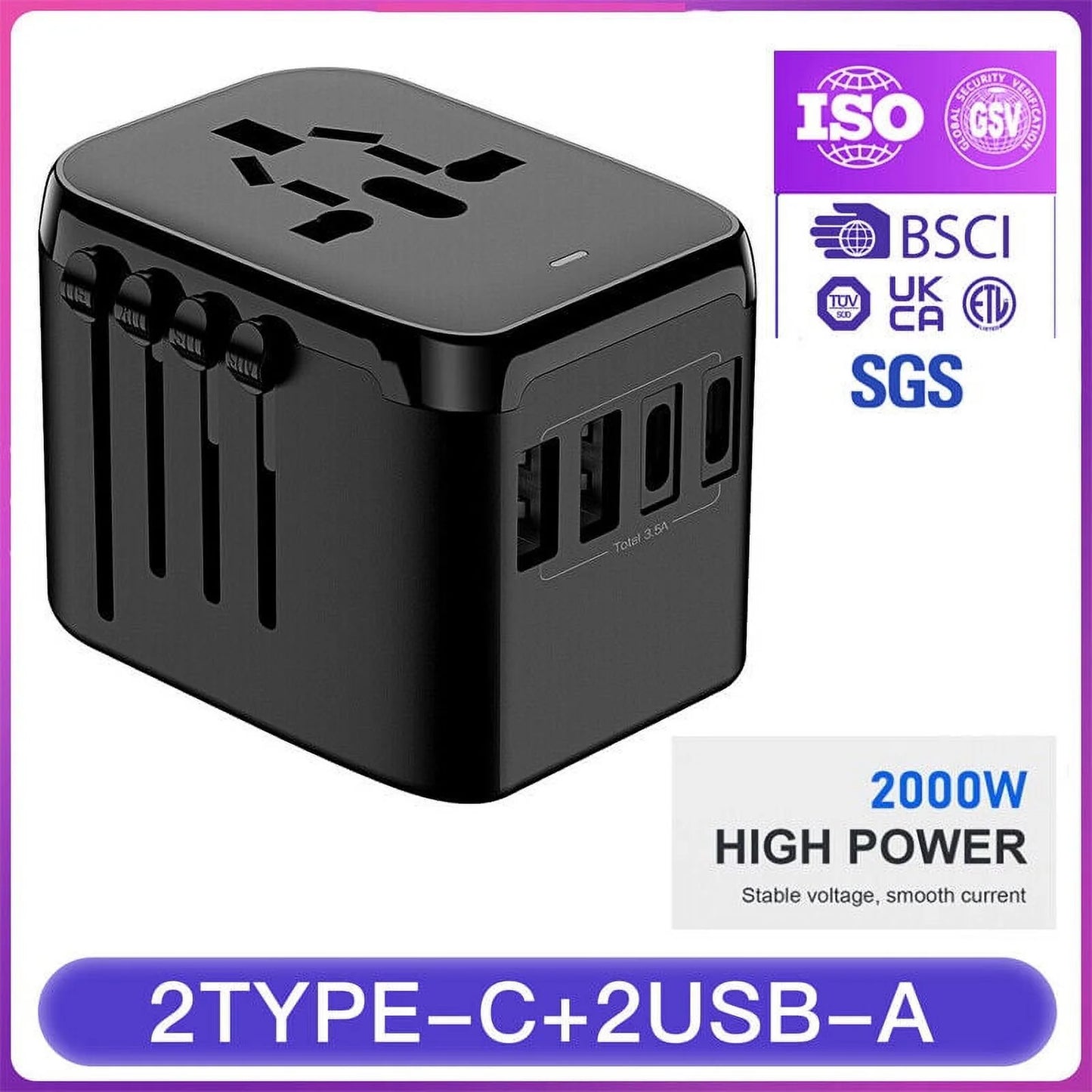 AICase International Universal Travel Adapter 2 USB+2 USB C Outlet Converter Plug Power