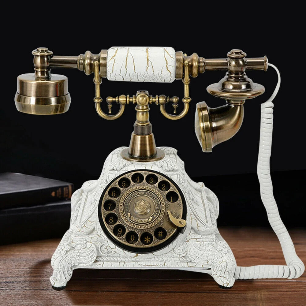 Rotary Dial Telephone Old-Fashioned Retro European Antique Landline Practical Wired Telephone Decoration Resin Desktop Antique Machine Elegant and Chic for Office Hotel Home Decoration (White)