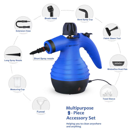 Comforday Handheld pressurized portable steam cleaner, multipurpose device with child lock function and 9-piece accessories (Blue Color)