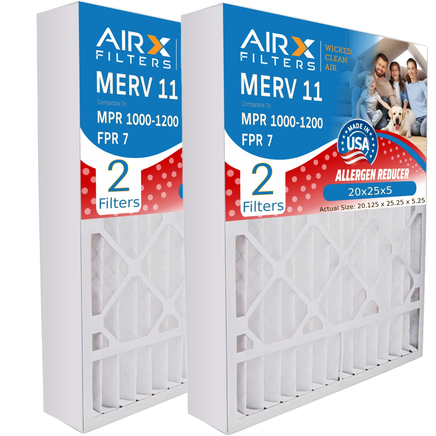 20x25x5 Air Filter MERV 11 Comparable to MPR 1000, MPR 1200 & FPR 7 Compatible with Goodman / Amana M8-1056 Premium USA Made 20x25x5 Furnace Filter MERV 11 - 2 pack by AIRX FILTERS WICKED CLEAN AIR.