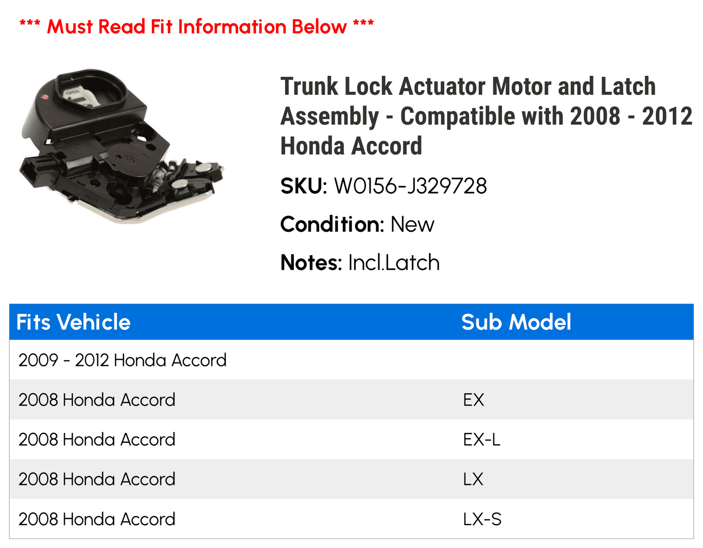 Trunk Lock Actuator Motor and Latch Assembly - Compatible with 2008 - 2012 Honda Accord 2009 2010 2011