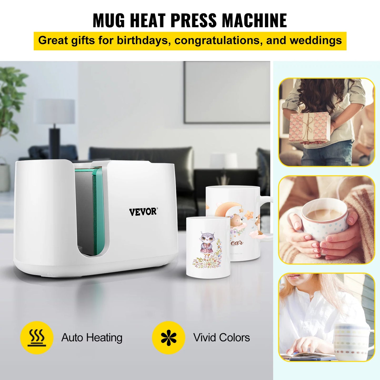 VEVOR Mug Press Machine, Automatic Mug Heat Press 11-15oz, Cup Transfer Sublimation Portable Coffee Presser with One-touch Button, Pro Easy Mug Press Machine DIY Printing as Family Friends Presents Gi