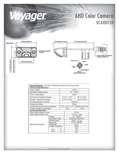 Voyager VCAHD150 Vehicle Surface Mount Heavy Duty AHD Rear Color Camera w/ Night Vision, 160-Degree Viewing Angle, IR LED Low Light Assist, White Impact Resistant Aluminum Housing, IP69K Waterproof